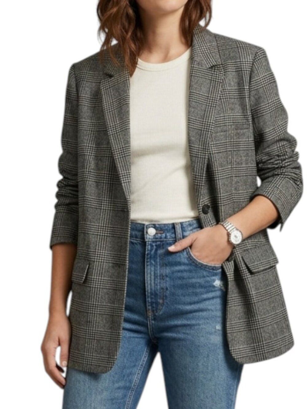 Everlane The Oversized Wool Blazer in Glen Plaid Gray Black